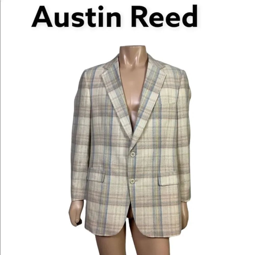 Vintage 80’s Austin Reed Beige Blue Plaid Two-Button Sport Blazer Jacket 40R